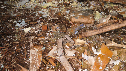 The floor, the interior, of an abandoned ruined old building
