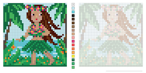 vector pixel illustration, Hawaiian girl dancing, coloring book, embroidery design, mosaic, creative development of motor skills and imagination