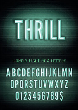 Narrow cold green neon box font with numbers on dark brick wall background. Vector thrill night light box sign