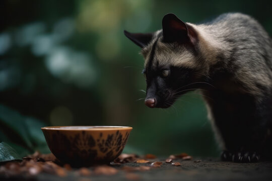 civet cat or luwak cat sniffing coffee beans. Sumatra coffee beans. Generative AI