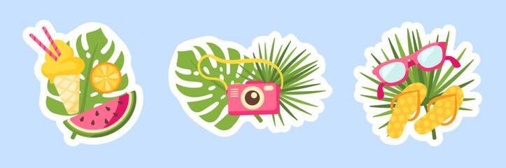 Summer stickers with sunglasses, slippers and cartoon food. Ocean vacation badges, tropical leaves and travel accessories, vector clipart