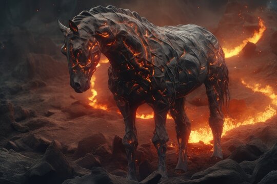 Burning powerful hourse statue with flame relief, ai generative