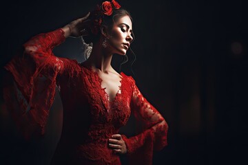 Spanish woman in a red dress dancing flamenco, ai generative - obrazy, fototapety, plakaty