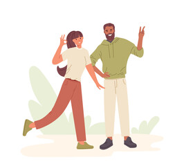 Young man and woman with positive gestures and feelings showing piece and ok agree hand sign