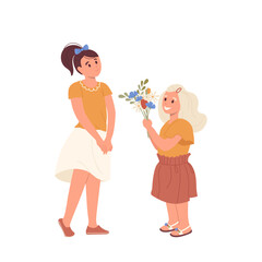 Cute little girl child giving bouquet of flower to older sister congratulating her with birthday