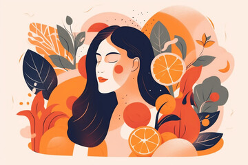 illustration of woman face wellness culture with healthy fruit slices - Generative AI