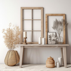 Wooden Blank  frames mockup. In natural and natural tones, boho style is stylish and minimalist.