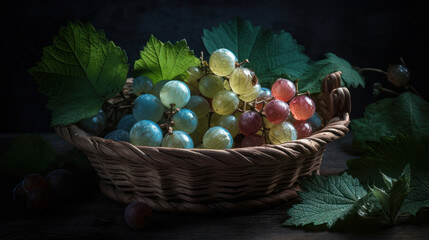 Wild berries, mixed gooseberries with leaves in a basket. Macro plan. Created by AI.