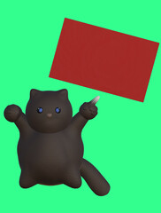 Fat black cat with blue eyes pointing at the red square sign. on a green background. 3d rendering