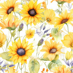Fototapeta na wymiar Seamless texture with bright yellow sunflowers. Tile pattern. Generative AI