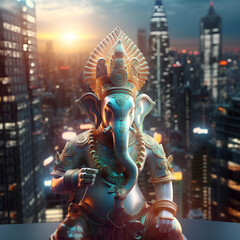 Ganesha god statue on a background of futuristic city. AI generated content.