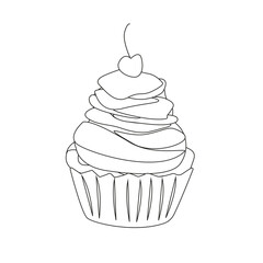 Cake with cherry. Vector illustration. Dessert on white background. Vector illustration with cupcake. Used for poster, banner, web, and logo design.