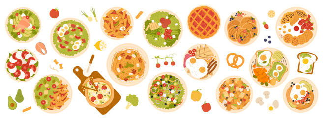 Fototapeta na wymiar Top view of table with food on plates vector illustration. Cartoon dishes collection for family lunch or dinner in restaurant or home, meals for eating on traditional English breakfast and brunch