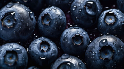 Wild berries, blueberry, bilberry with leaves. Macro plan. Created by AI.