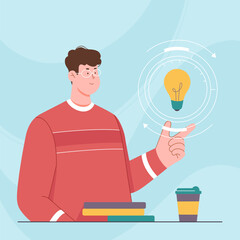 Fototapeta na wymiar Success of new discovery and creative idea vector illustration. Cartoon smart young man with bright light bulb over hand thinking on future business startup, discovery and motivation of person