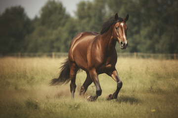 Fototapeta na wymiar Brown horse galloping in the field. Illustration AI Generative.
