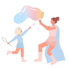 Man blow play with soap bubble giant balloons on foam party isolated cartoon flat vector illustration