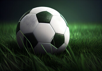 Fototapeta na wymiar Classic soccer ball in a football stadium on a green lawn - AI generated image