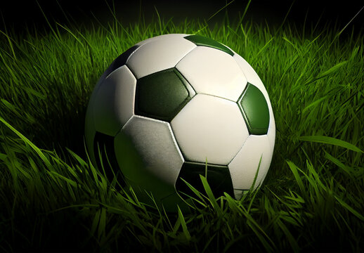 Classic soccer ball in a football stadium on a green lawn - AI generated image