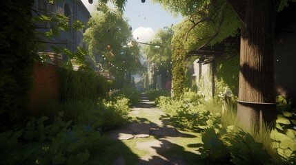 illustration, beautiful green trees and plants virtual reality path, ai generative