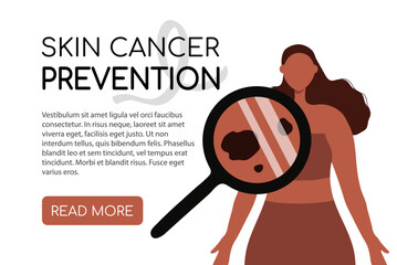 Melanoma and skin cancer prevention concept. Woman checks moles, birthmarks under magnifier. Banner, landing page template with copy space for text. Vector illustration - obrazy, fototapety, plakaty