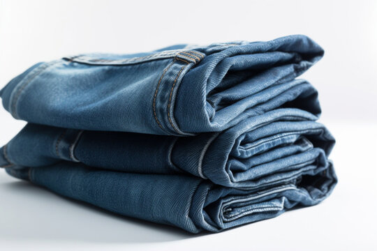 Stack of blue jeans on white background  Generative AI