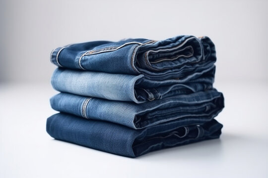 Stack of blue jeans on white background Generative AI