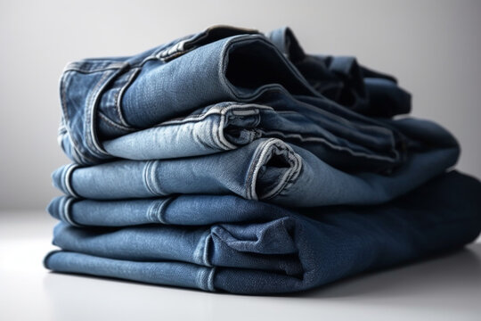 Stack of various blue jeans on white background. Beauty and fashion, clothing concept. Detail of nice blue jeans. Jeans texture or denim background. Collection of jeans  Generative AI