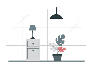Modern interior design with a side table and flowers. Cute interior illustration in flat style