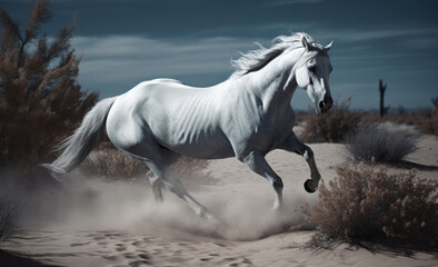 Fototapeta na wymiar White horse galloping in the desert. Illustration AI Generative.
