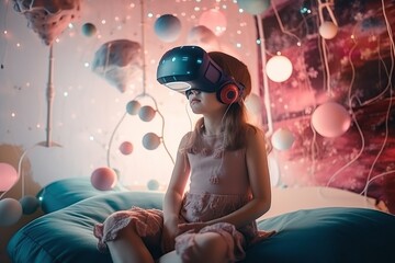 Little girl wears vr glasses and plays virtual games, generative AI.