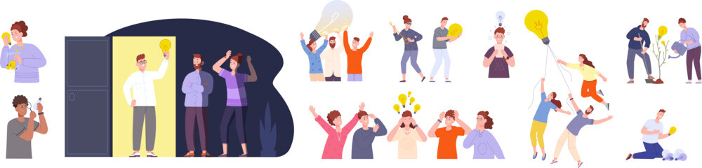 Obraz premium Team finding ideas. Work company brainstorming process, advisory group share brilliant idea and find probleme solution, inspire person lighting bulb, splendid vector illustration