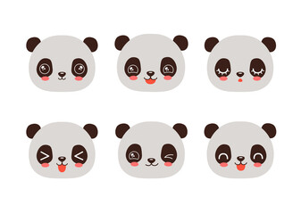 Cute panda emoji icon set. Messenger emoji. Safari animal icons. Kawaii panda emoticon smile happy facial expressions. Cartoon animals vector signs. Kawaii anime comic style panda. Isolated emoticons.