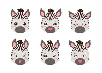 Fototapeta na wymiar Cute zebra icon set. Safari animal zebra emoji collection. Emoticon smile happy facial expressions. Kawaii animals cartoon vector signs. Whatsapp emoji. Cartoon anime comic style. Isolated emoji set.