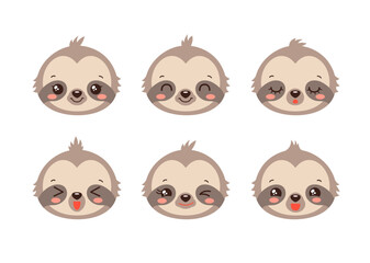 Cute sloth emoji icon set. Messenger emoji. Safari animal icons. Kawaii sloth emoticon smile happy facial expressions. Cartoon animals vector signs. Kawaii anime comic style sloth. Isolated emoticons. © Cute Design