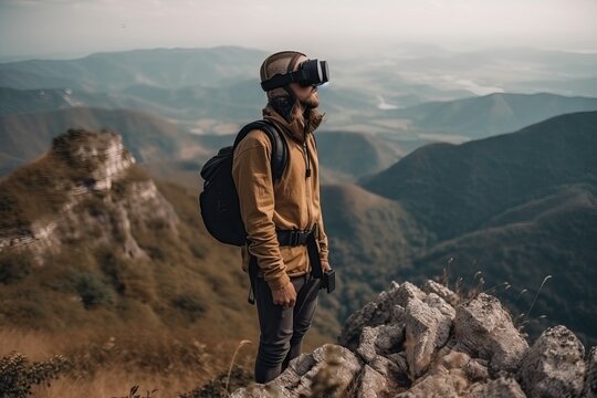 A tourist stands on top of a mountain with a view of the mountains in glasses, generative AI.