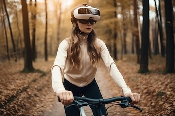 The girl rides a bicycle through the forest in virtual glasses, active recreation, generative AI.