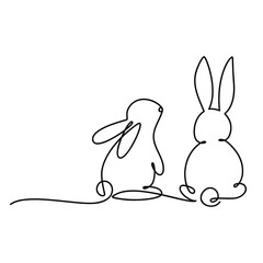 Two rabbits vector. One line continuous drawing. Bunny icon. Hare linear silhouette. Hand drawn silhouette illustration. Minimal design, outline print, banner, card, poster, brochure, logo.
