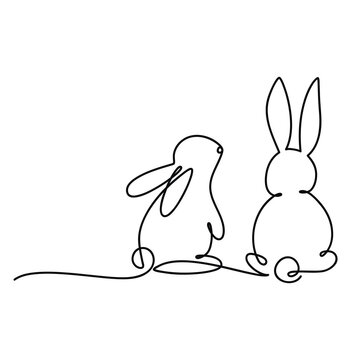 Two rabbits vector. One line continuous drawing. Bunny icon. Hare linear silhouette. Hand drawn silhouette illustration. Minimal design, outline print, banner, card, poster, brochure, logo.