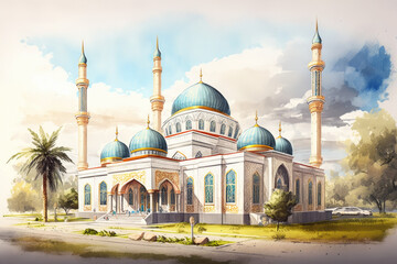Fototapeta na wymiar colorful Islamic watercolor mosque with cloudy sky background generative ai