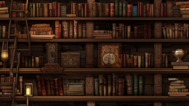 Bookshelf Seamless Repeating Texture, Generative AI