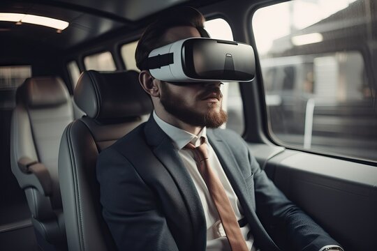 A man sits in a sports car and drives a car with the help of VR glasses, generative AI.
