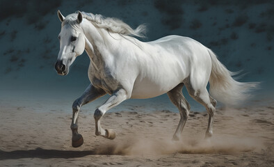Naklejka na ściany i meble White horse galloping in the desert. Illustration AI Generative.