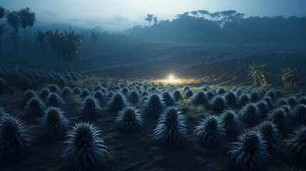 Pineapple plantation in a hilly area late at night in the fog. Created with AI.