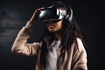Young African American woman wears vr glasses, teenagers and children of the future, generative AI.