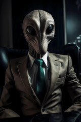 Alien in a black business suit. AI generation
