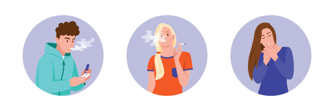 Vector illustration of bad habits. Cartoon scene with a guy smoking electronic cigarettes and looking at the phone, girls smoking cigarettes isolated on white background.