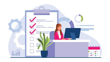 Vector illustration of a business woman. Cartoon scene with a girl sitting at a computer in the office, a to-do list, a calendar, a flower pot isolated on a white background.