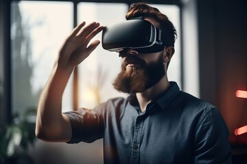 A man uses vr glasses in the office for work, an office worker in vr glasses, generative ai.