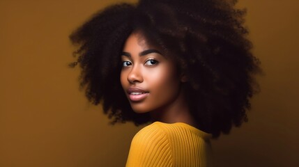 Young woman with curly hair wearing yellow clothes on a yellow background